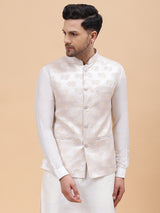 Men Off White Kurta Pajama & Elegant Woven Floral Pattern Jacquard Nehru jacket