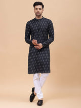 Men Black & White Pure Cotton Printed Straight Kurta