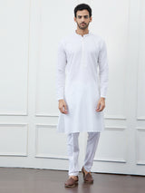 Men Classic Pure White Cotton Thread Work Kurta with Pajama