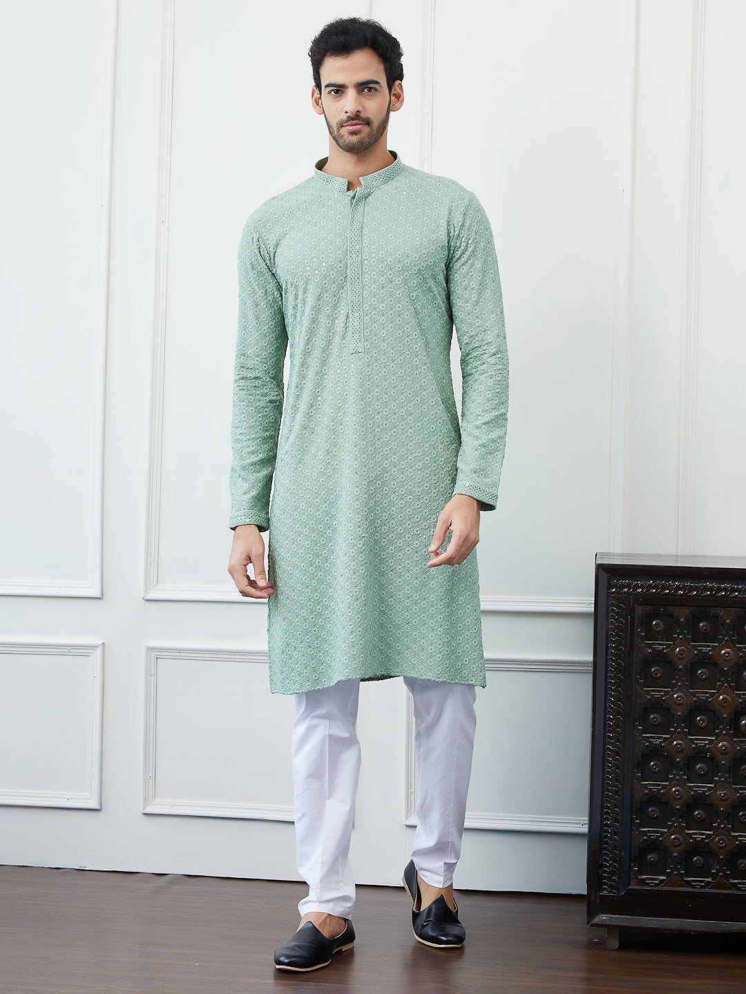 Men Green Floral Embroidered Sequined Rayon Kurta