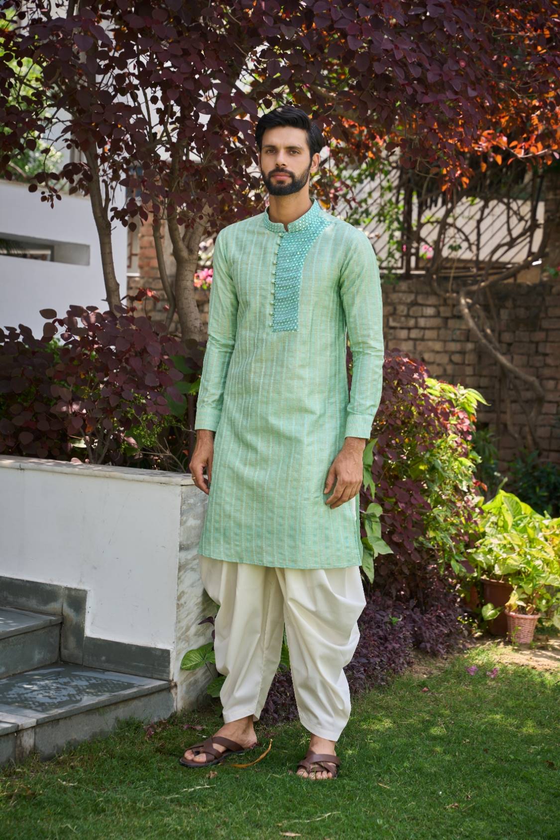 Men Light Green and Turquoise Yoke Design Sequins Kurta