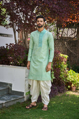 Men Light Green and Turquoise Yoke Design Sequins Kurta