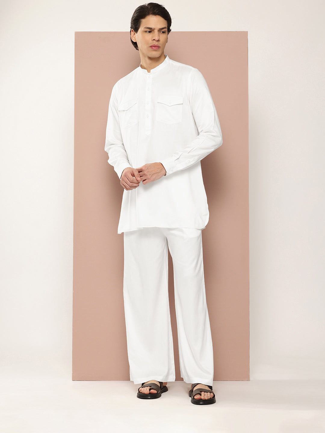 Men White Rayon Solid Pathani Sets