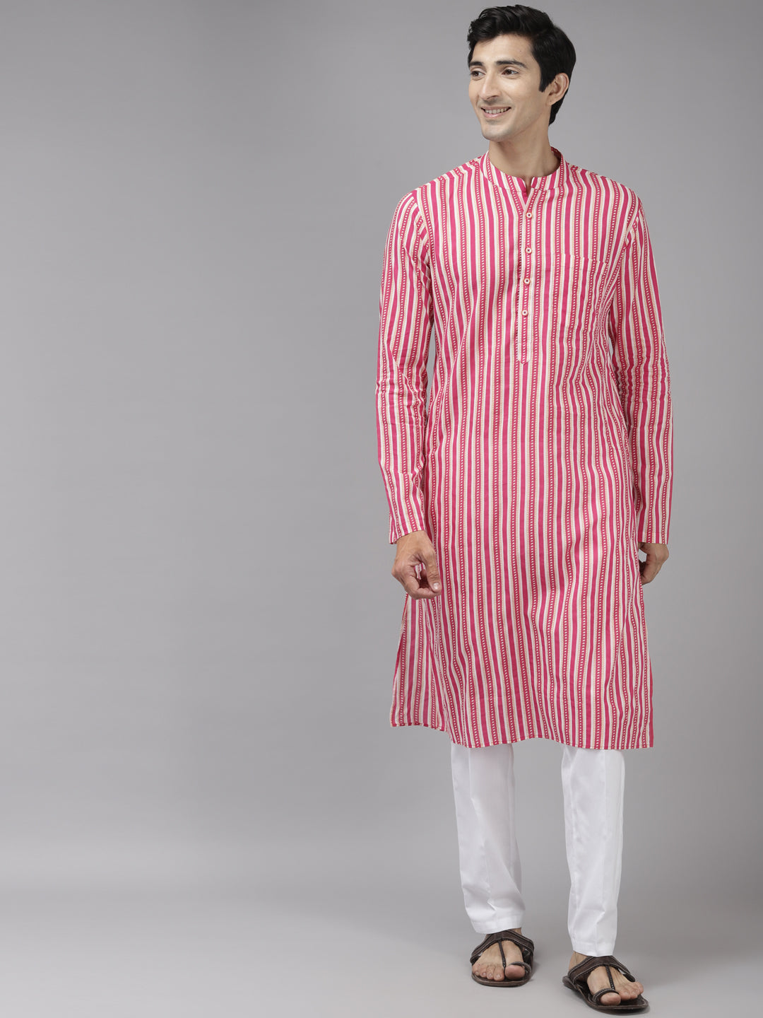 Men Pink And Gold Printed Thread Work Kurta With Pajama