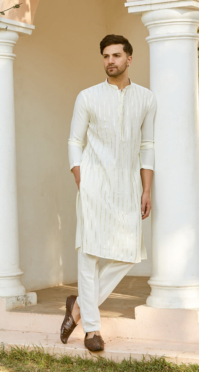 Men Off White And Golden Glimmer Chanderi Silk Sequins Kurta