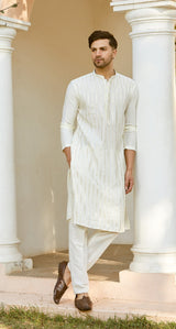 Men Off White And Golden Glimmer Chanderi Silk Sequins Kurta