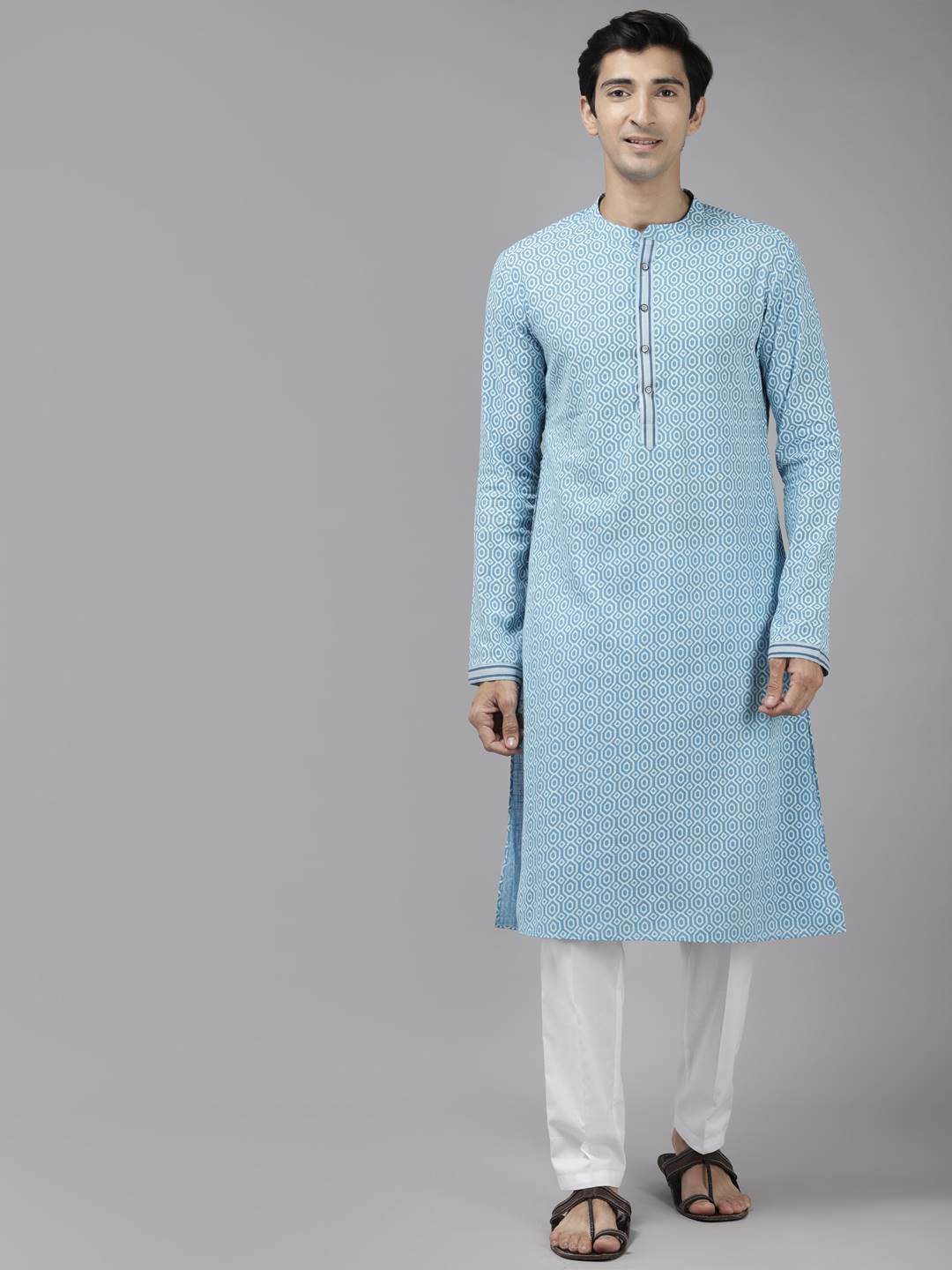 Men Blue & White Sapphire Printed Straight Kurta With Pajama