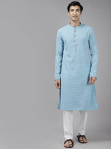 Men Blue & White Sapphire Printed Straight Kurta With Pajama