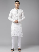 Men White & Black Pure Cotton Embroidered Straight Kurta With Pajama