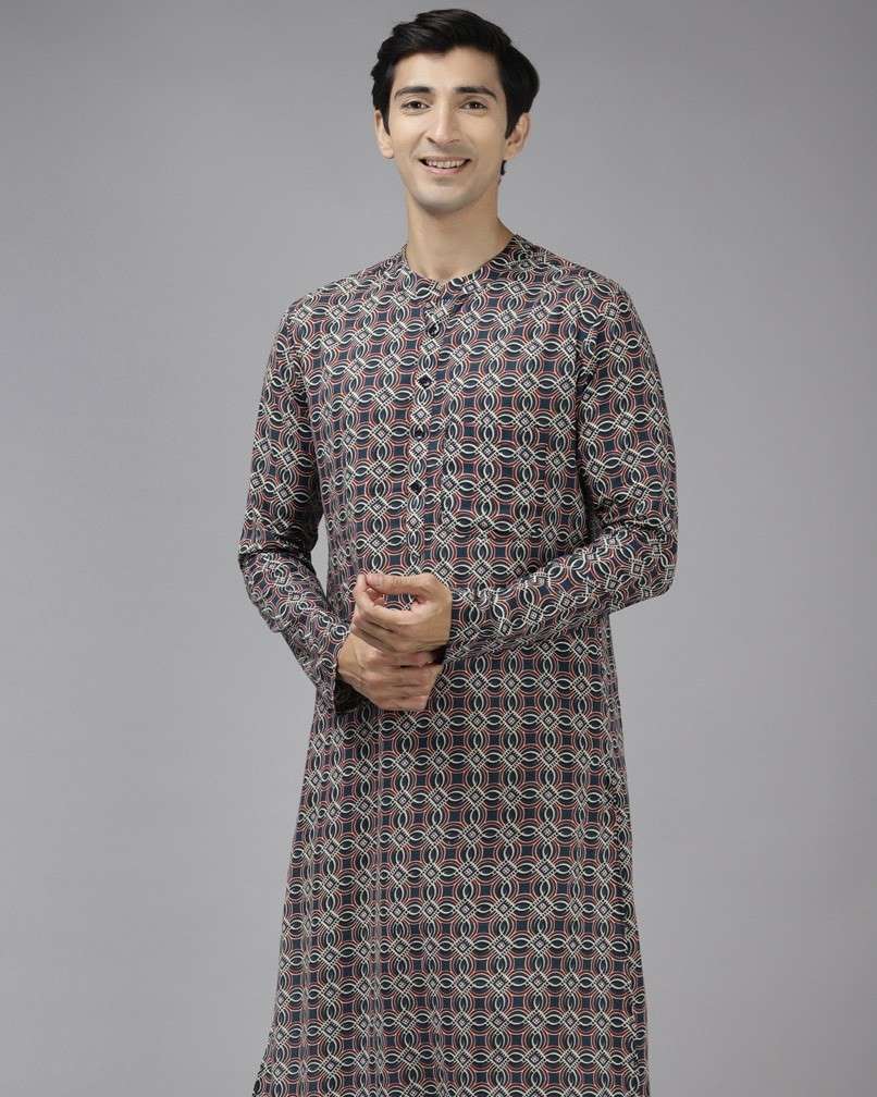 Men Blue And Beige Printed Thread Work Indigo Kurta