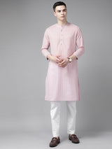 Men Pink & Maroon Stripe Printed Straight Kurta With Pyjama