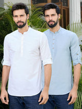 Men Pack Of 2 White & Blue Deluxe Cotton Solid Short Kurta