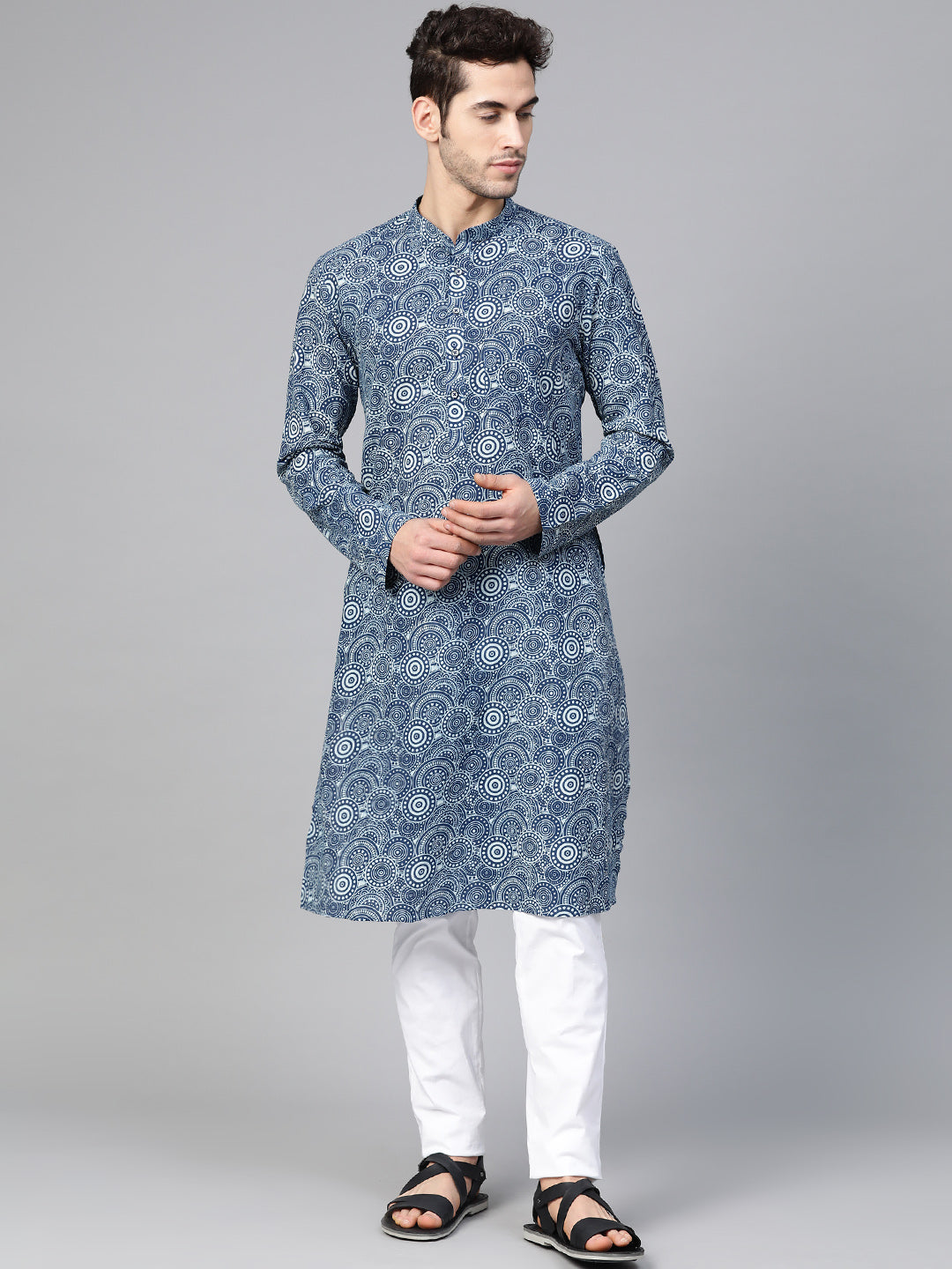 Riwaat.com Men Blue Indigo Hand Block Print Straight Sustainable Kurta Riwaat Printed