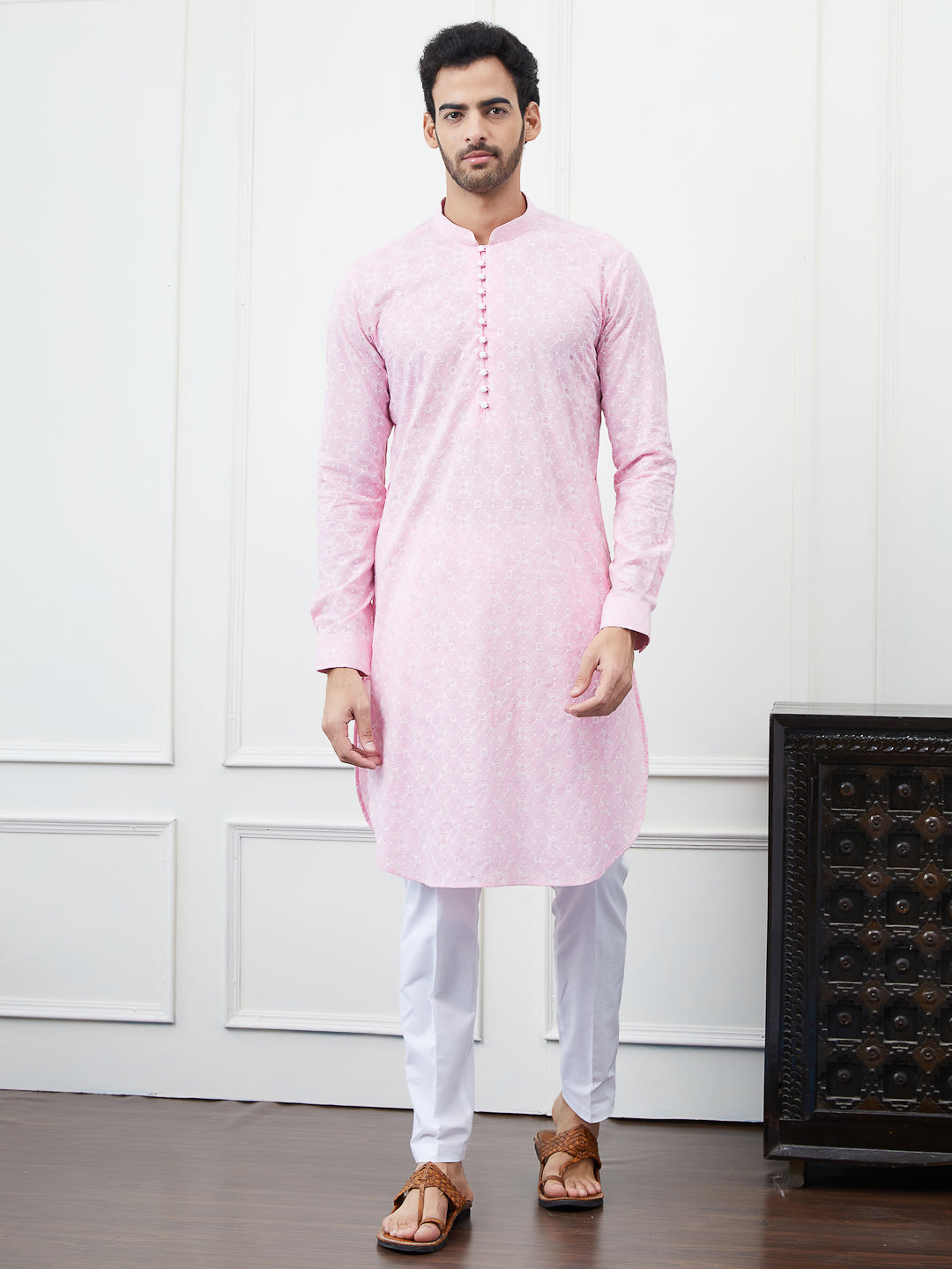 Men Peach Embroidered Cotton Kurta Set