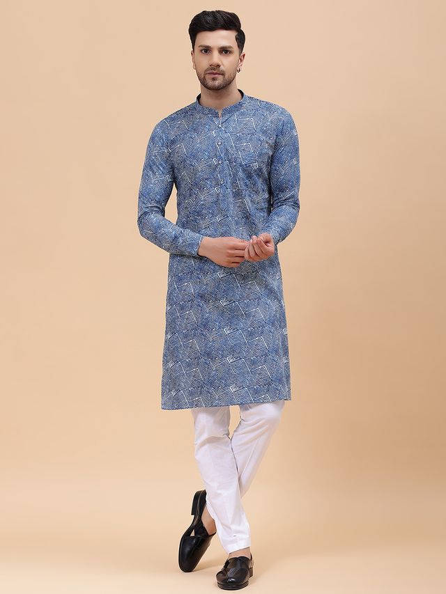 Men Blue Pure Cotton Printed Straight Kurta With pyjama