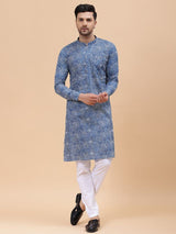 Men Blue Pure Cotton Printed Straight Kurta With pyjama