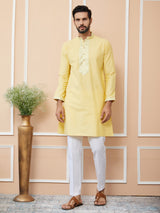 Yellow Solid Cotton Straight Kurta with Pyjama with Jacquard neckline