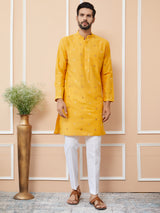 Mustard Cotton Handloom Motifs Straight Kurta with Pyjama