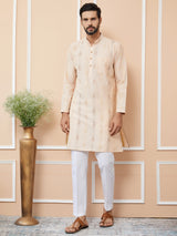 Peach Cotton Handloom Motifs Straight Kurta with Pyjama