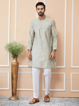 Cream-Grey Ethnic Motifs Silk Jacquard Woven Design Straight Kurta with Pyjama