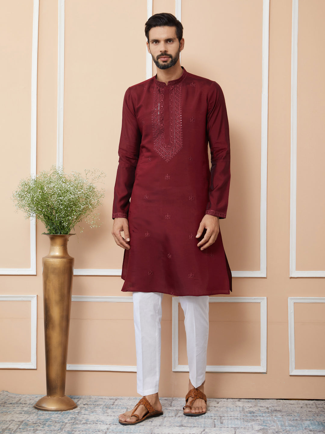 Maroon Embroidered Chanderi Silk Straight Kurta with Pyjama