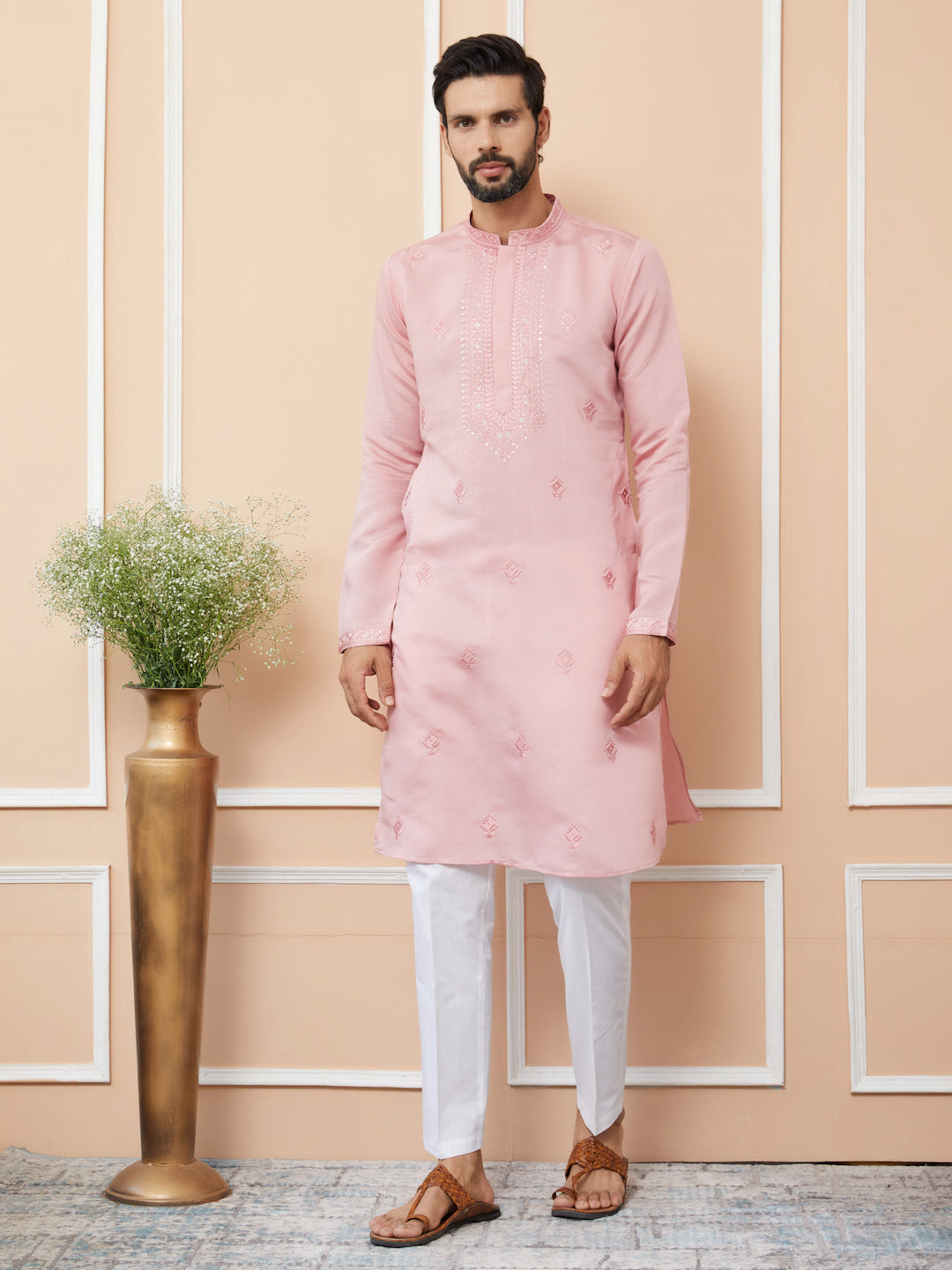 Pale Rose Embroidered Chanderi Silk Straight Kurta with Pyjama