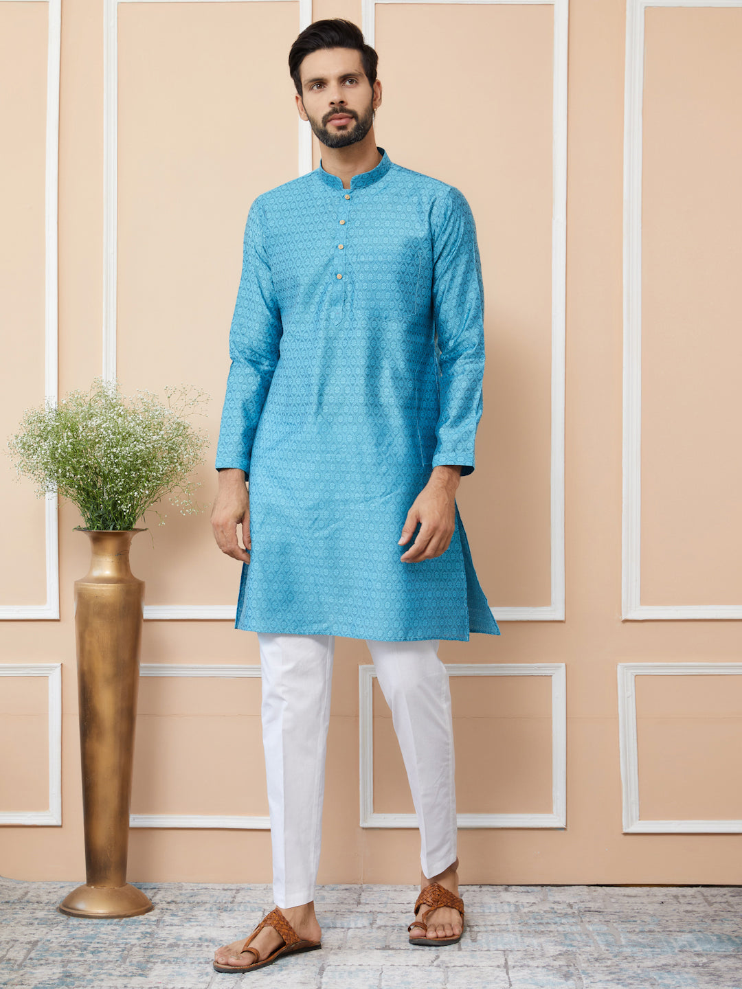 Light Blue Ethnic Motifs Silk Jacquard Woven Design Straight Kurta with Pyjama