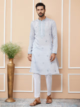 Pastel Blue Embroidered Chanderi Silk Straight Kurta with Pyjama