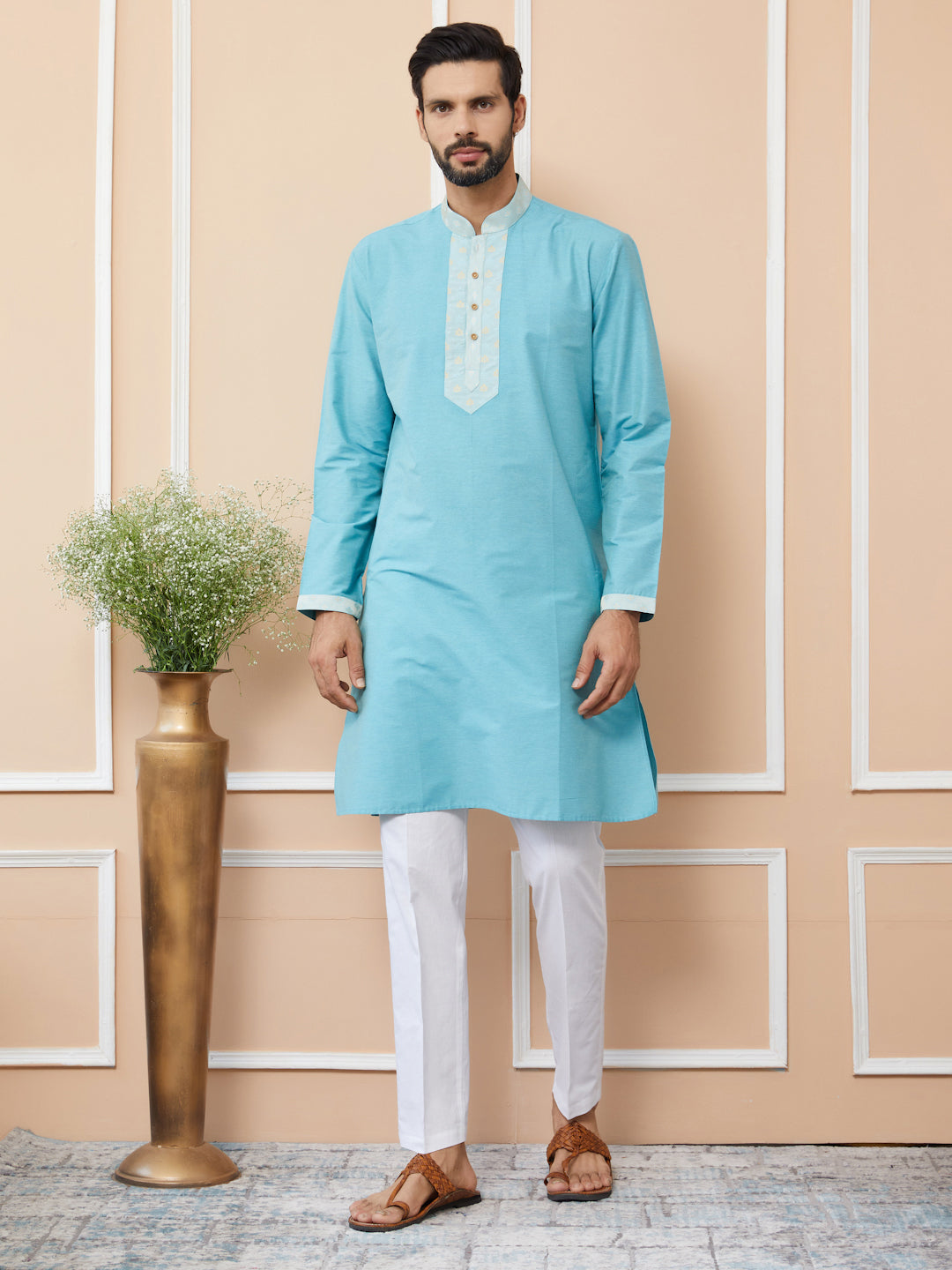 Blue Solid Cotton Straight Kurta with Pyjama with Jacquard neckline