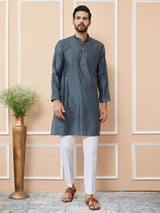 Charcoal Grey Ethnic Motifs Silk Jacquard Woven Design Straight Kurta with Pyjama