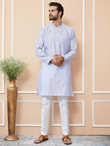 Periwinkle Blue Ethnic Motifs Silk Jacquard Woven Design Straight Kurta with Pyjama