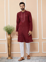 Dark Maroon Embroidered Chanderi Silk Straight Kurta with Pyjama