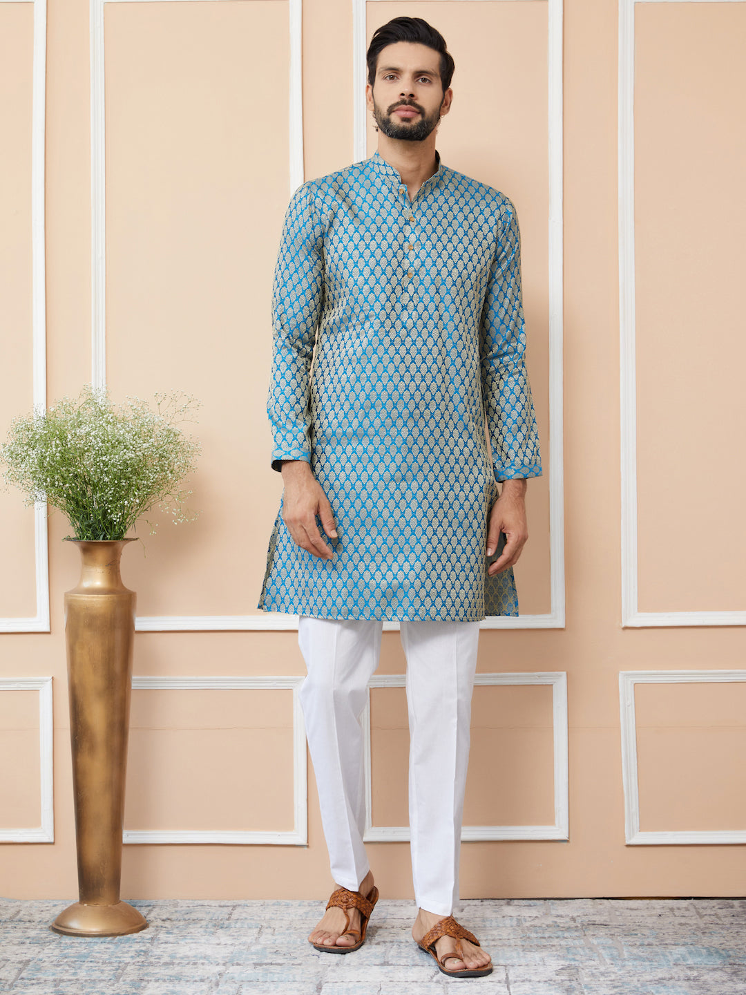 Blue Chalk Ethnic Motifs Silk Jacquard Woven Design Straight Kurta with Pyjama