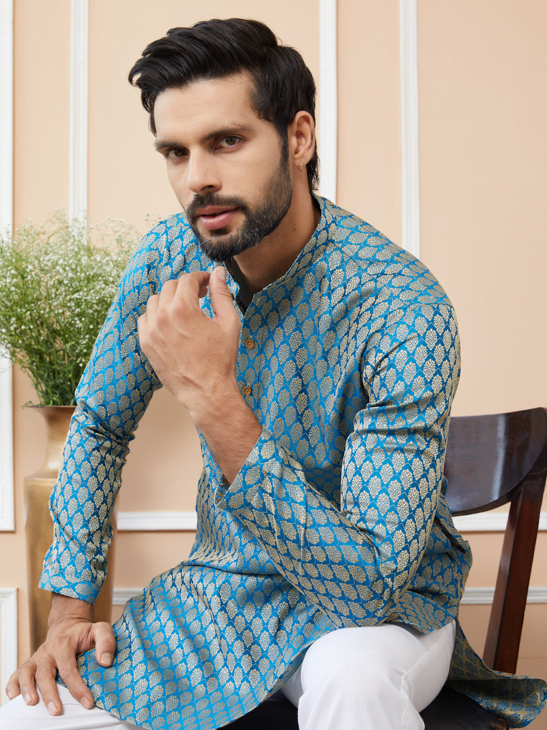 Blue Chalk Ethnic Motifs Silk Jacquard Woven Design Straight Kurta with Pyjama