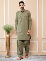 Olive Cotton Slub Pathani kurta with Salwar