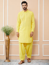 Yellow Cotton Slub Pathani kurta with Salwar