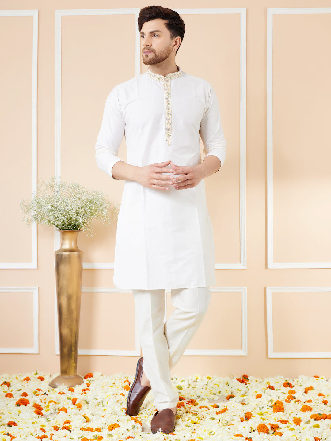 Cream Solid Cotton Emboridered Neckline Straight Kurta with Pyjama