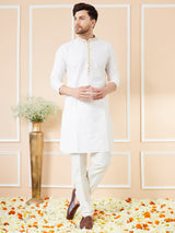 Cream Solid Cotton Emboridered Neckline Straight Kurta with Pyjama