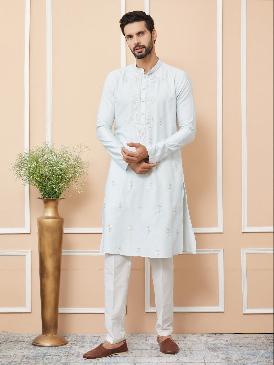 Light Blue Embroidered Zara Silk Straight Kurta with Pyjama