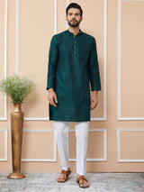 Dark Green Ethnic Motifs Silk Jacquard Woven Design Straight Kurta with Pyjama