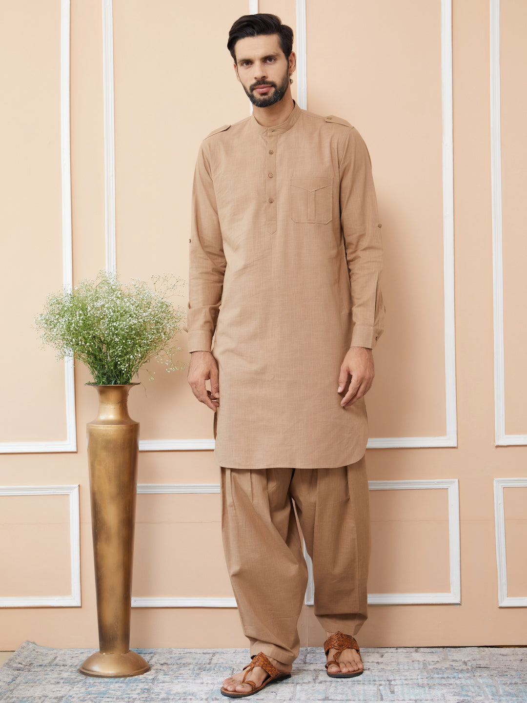 Light Brown Cotton Slub Pathani kurta with Salwar