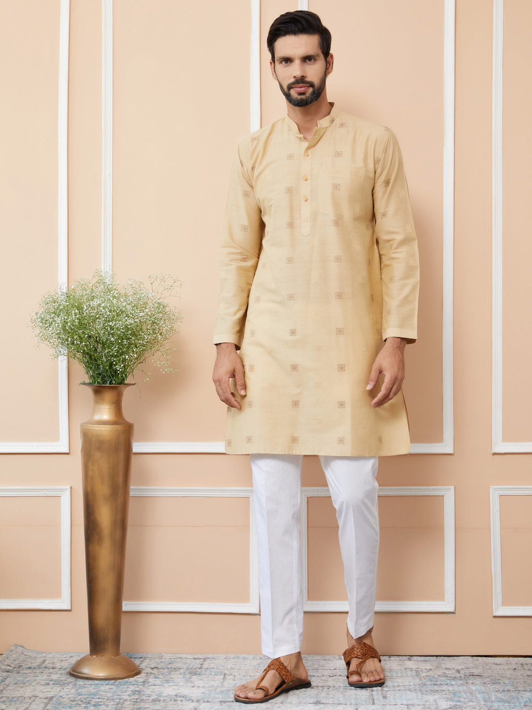 Beige Cotton Handloom Motifs Straight Kurta with Pyjama