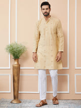 Beige Cotton Handloom Motifs Straight Kurta with Pyjama