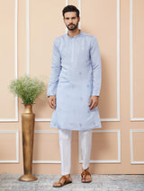 Blue Embroidered Chanderi Silk Straight Kurta with Pyjama