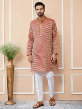 Red-Beige Ethnic Motifs Silk Jacquard Woven Design Straight Kurta with Pyjama with Embroidered Neckline