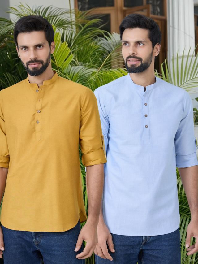 Men Pack Of 2 Mustard & Turquoise Blue Cotton Solid Short Kurta