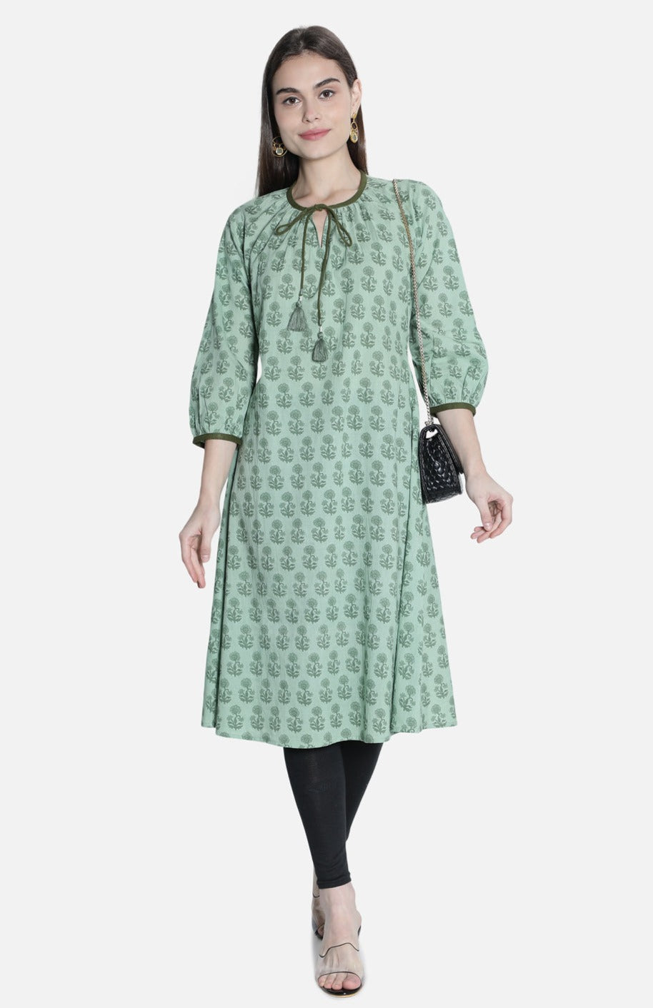 Women Printed Green Floral A-Line Dress