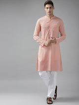 Men Pink Cotton Straight Kurta with Slub Effect With Pajama