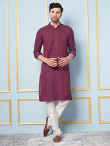 Riwaat.com Men Burgundy & Red Thread Work Embroidery Cotton Silk Kurta Riwaat Embroidered