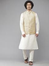 Riwaat.com Men White Solid Kurta Pajama With Golden Nehru jacket Riwaat Indo Western